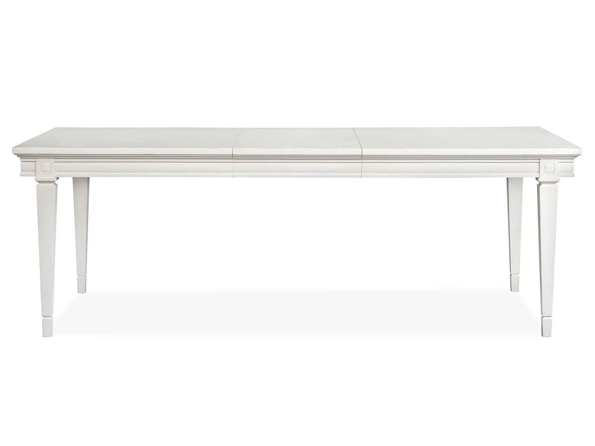 Magnussen Home Willowbrook Egg Shell White Extendable Rectangular Dining Table With 6 Upholstered Side Chairs Upholstered Bench Buffet And Display Cabinet