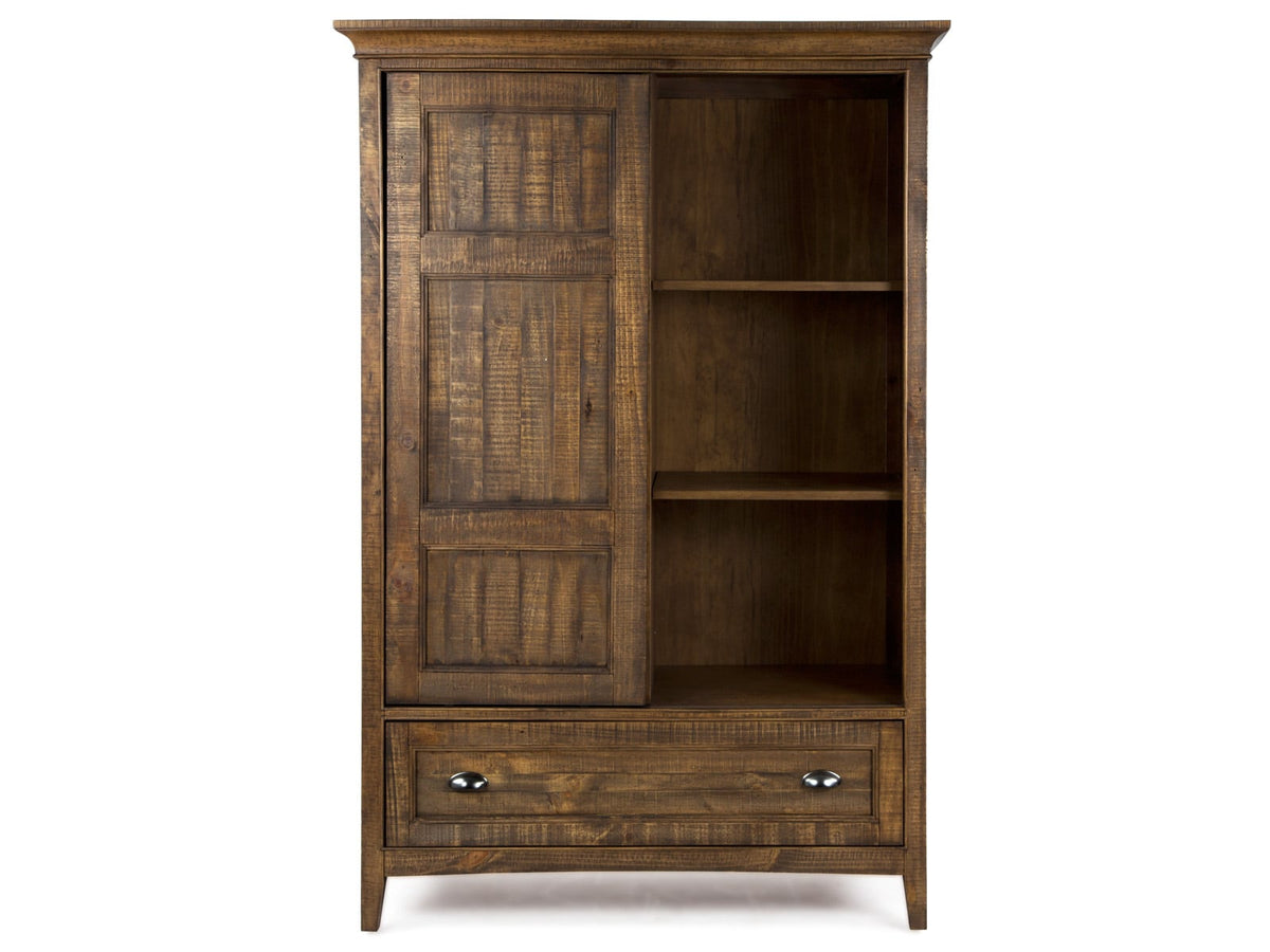 Magnussen Home Bay Creek Toasted Nutmeg King Panel Storage Bed 2 Small Nightstands Drawer Dresser With Landscape Mirror And Door Chest