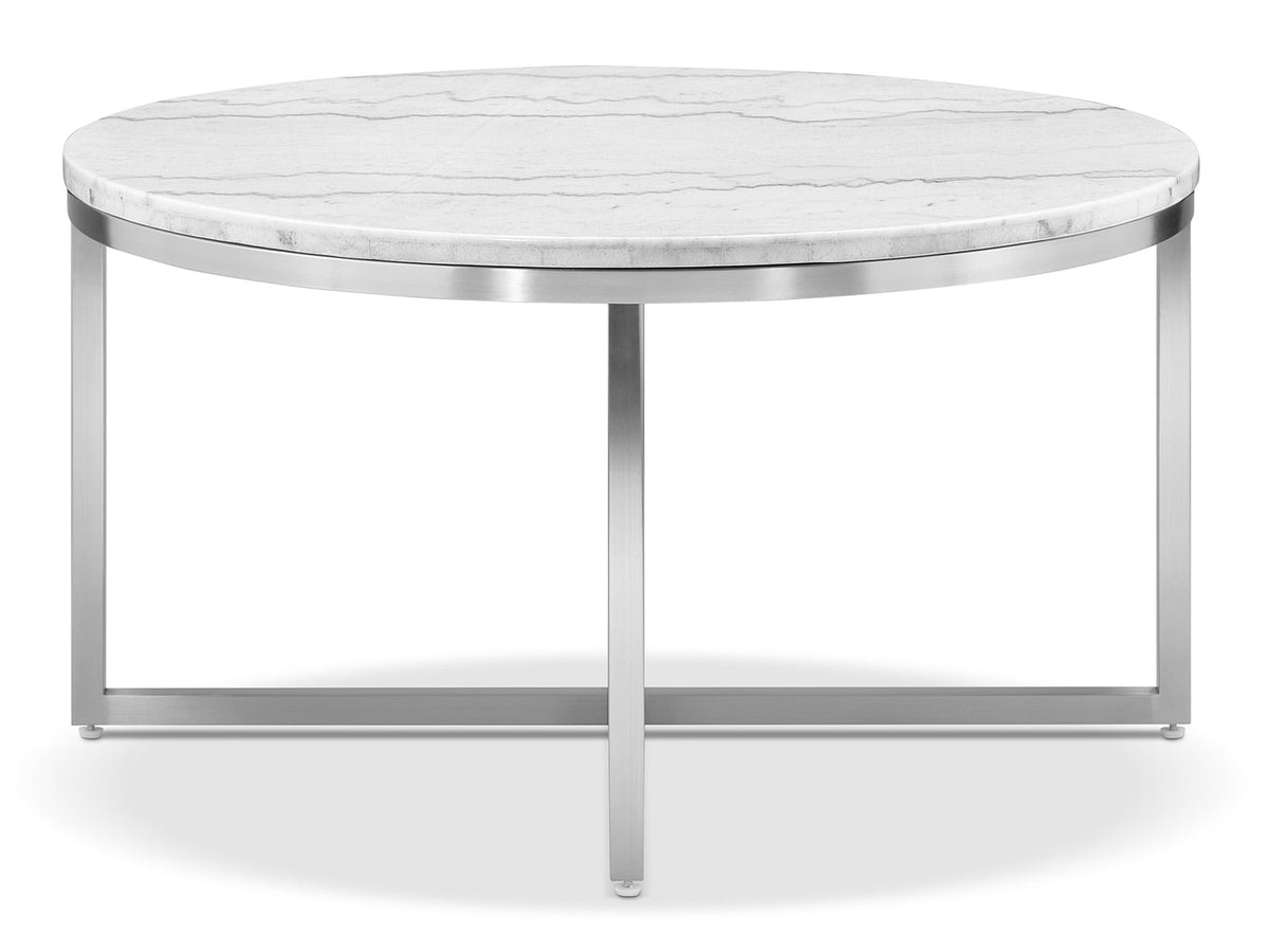Magnussen Home Esme White Marble And Brushed Nickel Round Cocktail Table With 2 Rectangular End Table And Sofa Table