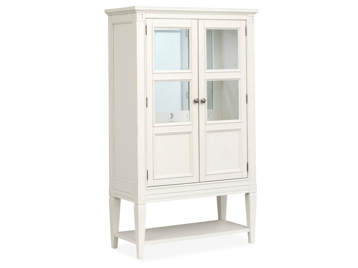 Magnussen Home Willowbrook Egg Shell White Extendable Rectangular Dining Table With 6 Upholstered Side Chairs Upholstered Bench Buffet And Display Cabinet
