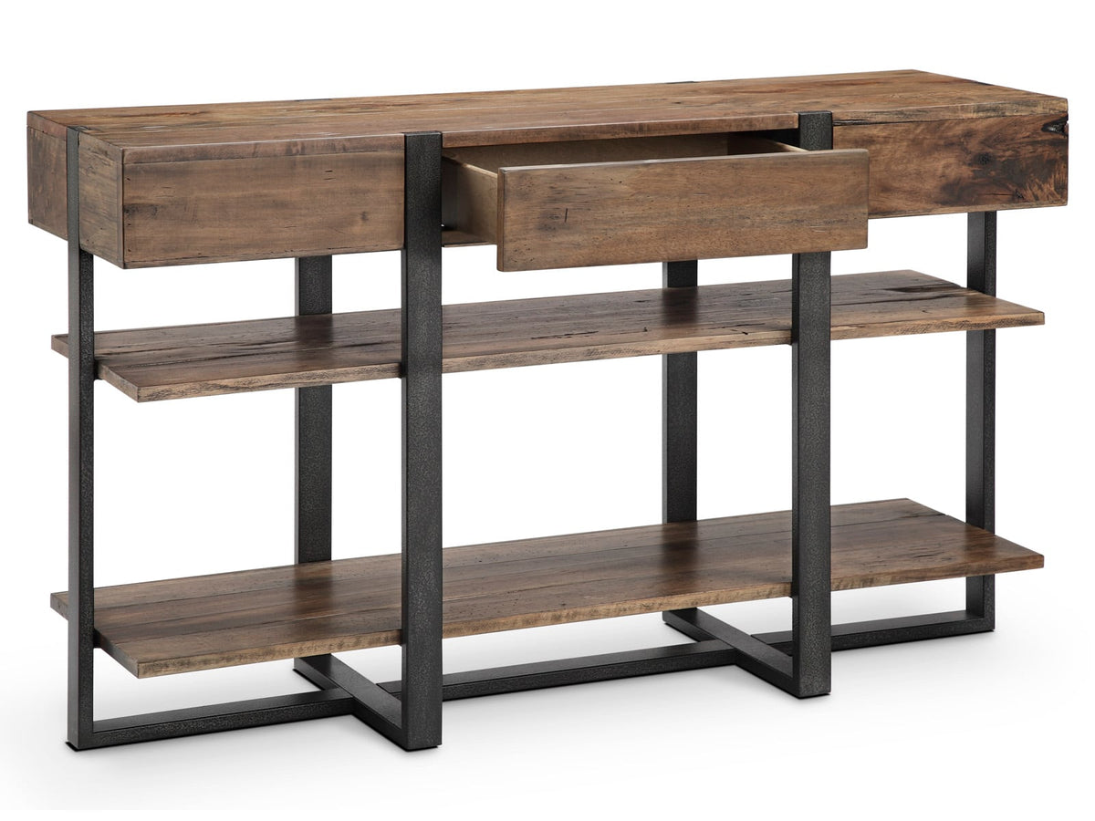 Magnussen Home Prescott Rustic Honey And Distressed Iron Condo Rectangular Cocktail Table With 2 End Table And Sofa Table