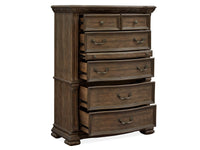 Magnussen Home Durango Willadeene Brown California King Upholstered Sleigh Storage Bed 2 Nightstands Drawer Dresser With Shaped Mirror And Drawer Chest