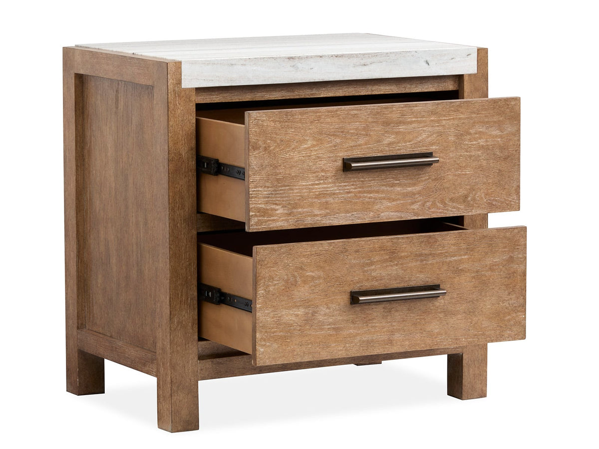 Magnussen Home Plum Creek Sierra Brown Queen Panel Bed 2 Nightstands And Drawer Dresser With Landscape Mirror