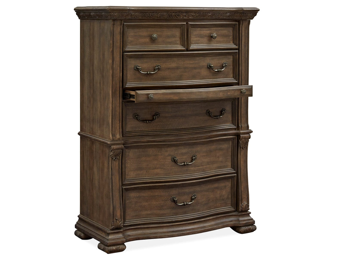 Magnussen Home Durango Willadeene Brown California King Upholstered Sleigh Storage Bed 2 Nightstands Drawer Dresser With Shaped Mirror And Drawer Chest