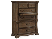 Magnussen Home Durango Willadeene Brown California King Upholstered Sleigh Storage Bed 2 Nightstands Drawer Dresser With Shaped Mirror And Drawer Chest