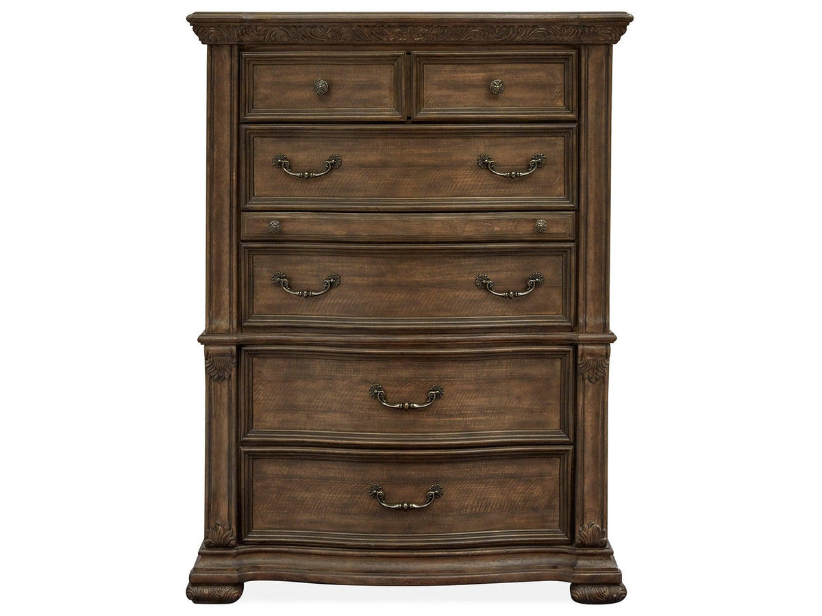 Magnussen Home Durango Willadeene Brown California King Upholstered Sleigh Storage Bed 2 Nightstands Drawer Dresser With Shaped Mirror And Drawer Chest