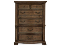 Magnussen Home Durango Willadeene Brown California King Upholstered Sleigh Storage Bed 2 Nightstands Drawer Dresser With Shaped Mirror And Drawer Chest