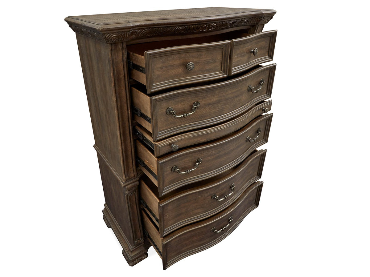 Magnussen Home Durango Willadeene Brown California King Upholstered Sleigh Storage Bed 2 Nightstands Drawer Dresser With Shaped Mirror And Drawer Chest