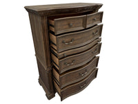Magnussen Home Durango Willadeene Brown California King Upholstered Sleigh Storage Bed 2 Nightstands Drawer Dresser With Shaped Mirror And Drawer Chest