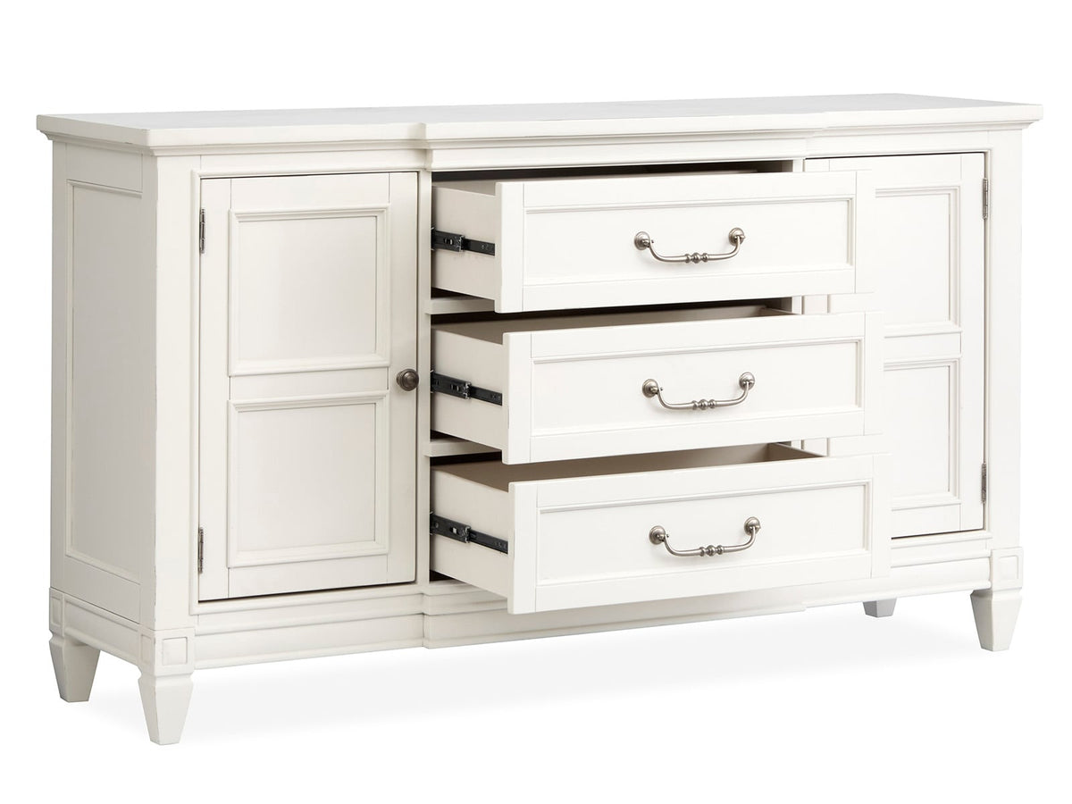 Magnussen Home Willowbrook Egg Shell White Extendable Rectangular Dining Table With 2 Upholstered Side Chairs Upholstered Bench And Buffet