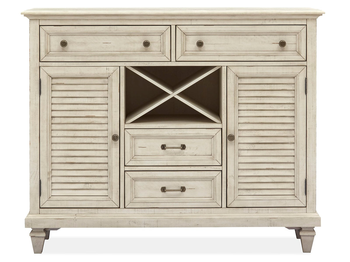 Magnussen Home Newport Alabaster Extendable Rectangular Dining Table With 4 Side Chairs Server And Dining Cabinet