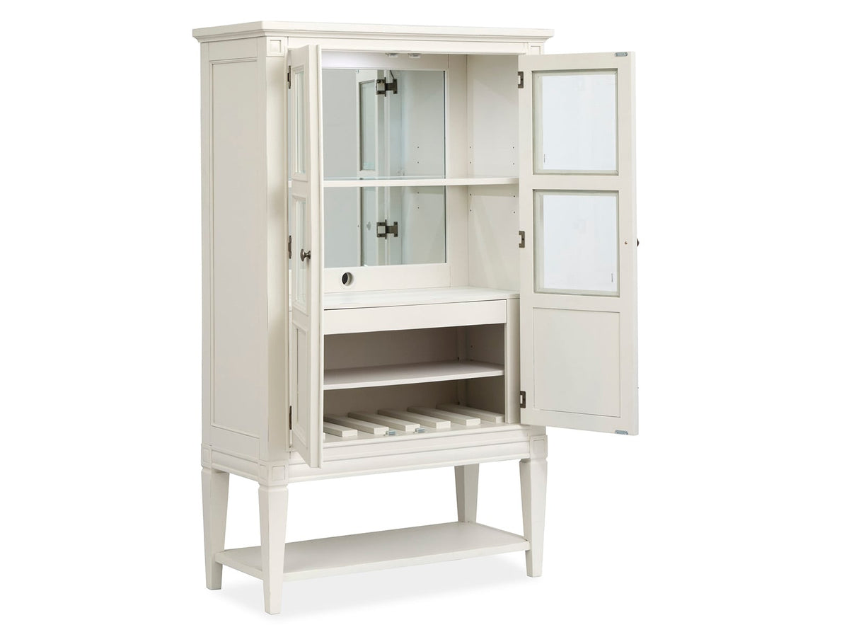 Magnussen Home Willowbrook Egg Shell White Extendable Rectangular Dining Table With 6 Side Chairs 2 Upholstered Side Chairs Buffet And Display Cabinet