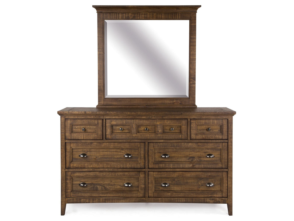 Magnussen Home Bay Creek Toasted Nutmeg King Panel Storage Bed 2 Small Nightstands Drawer Dresser With Landscape Mirror And Door Chest