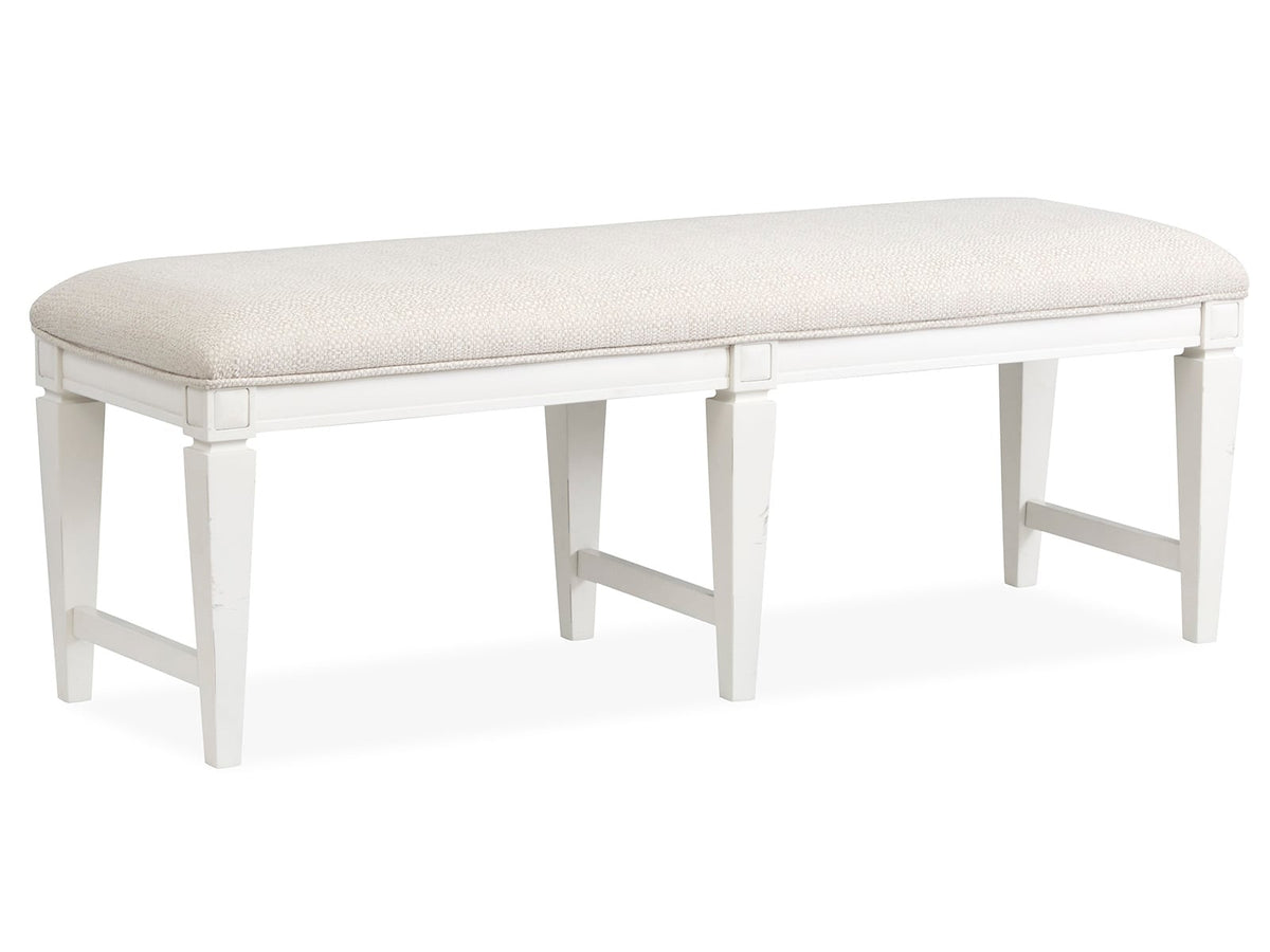 Magnussen Home Willowbrook Egg Shell White Extendable Rectangular Dining Table With 6 Upholstered Side Chairs Upholstered Bench Buffet And Display Cabinet