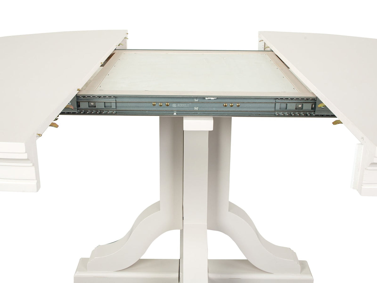Magnussen Home Willowbrook Egg Shell White Extendable 48" Round Dining Table With 4 Upholstered Side Chairs And Buffet