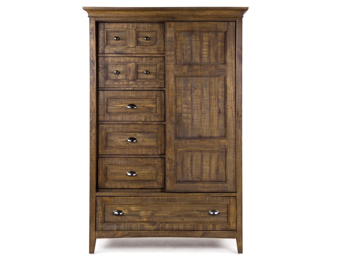 Magnussen Home Bay Creek Toasted Nutmeg King Panel Storage Bed 2 Small Nightstands Drawer Dresser With Landscape Mirror And Door Chest