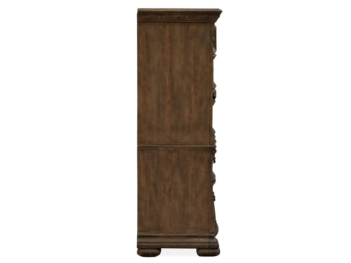Magnussen Home Durango Willadeene Brown California King Upholstered Sleigh Storage Bed 2 Nightstands Drawer Dresser With Shaped Mirror And Drawer Chest