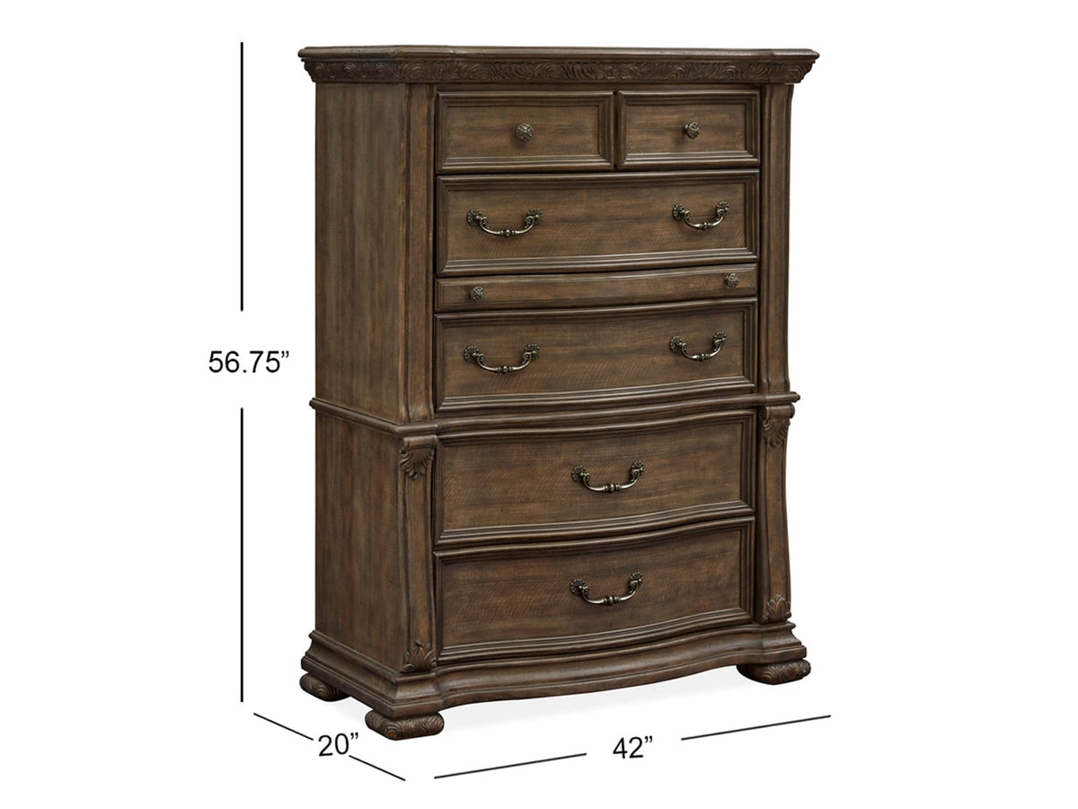 Magnussen Home Durango Willadeene Brown California King Upholstered Sleigh Storage Bed 2 Nightstands Drawer Dresser With Shaped Mirror And Drawer Chest