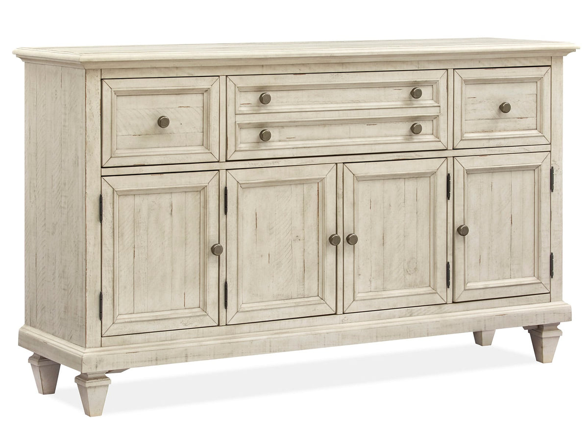 Magnussen Home Newport Alabaster Extendable Rectangular Dining Table With 4 Arm Chairs Upholstered Bench And Buffet