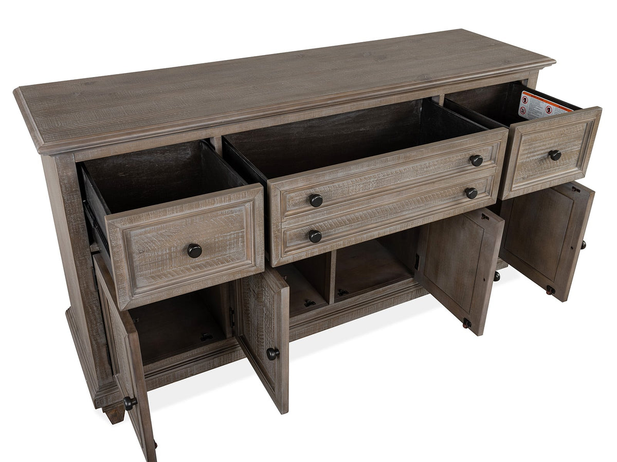 Magnussen Home Lancaster Dovetail Grey Extendable Rectangular Dining Table With 2 Upholstered Benches Buffet And Dining Cabinet