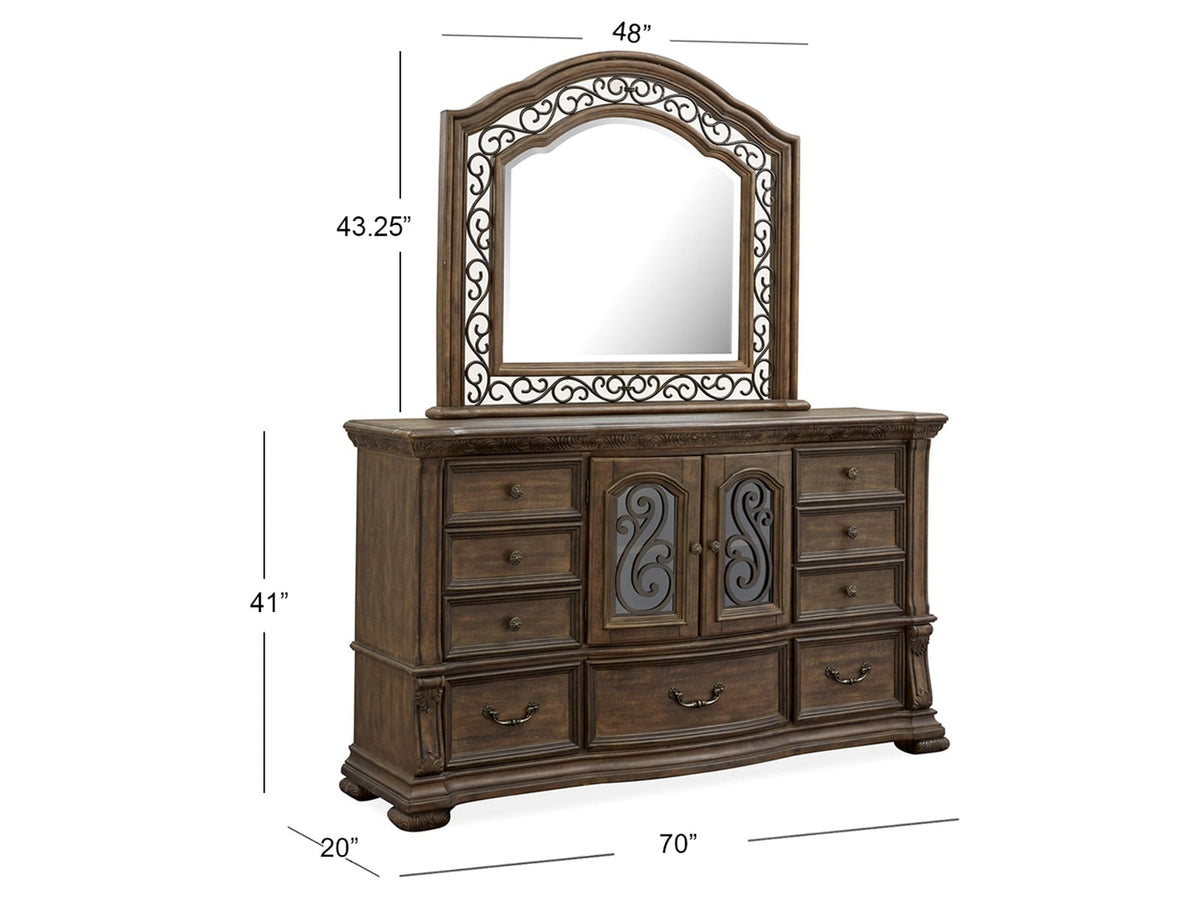 Magnussen Home Durango Willadeene Brown California King Upholstered Sleigh Storage Bed 2 Nightstands Drawer Dresser With Shaped Mirror And Drawer Chest