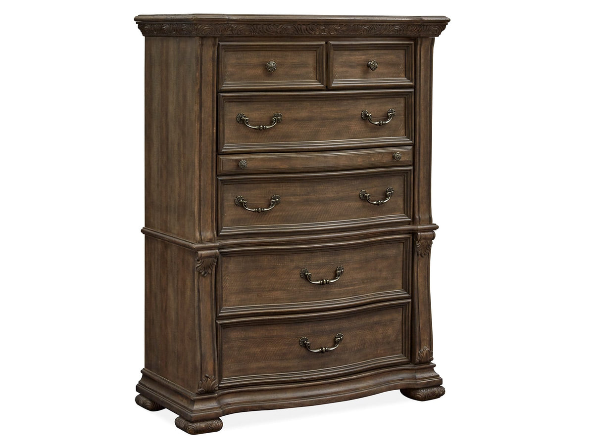 Magnussen Home Durango Willadeene Brown California King Upholstered Sleigh Storage Bed 2 Nightstands Drawer Dresser With Shaped Mirror And Drawer Chest