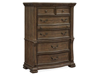 Magnussen Home Durango Willadeene Brown California King Upholstered Sleigh Storage Bed 2 Nightstands Drawer Dresser With Shaped Mirror And Drawer Chest