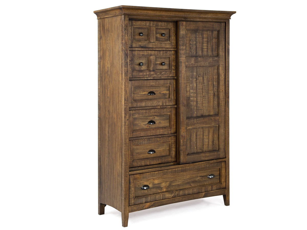 Magnussen Home Bay Creek Toasted Nutmeg King Panel Storage Bed 2 Small Nightstands Drawer Dresser With Landscape Mirror And Door Chest