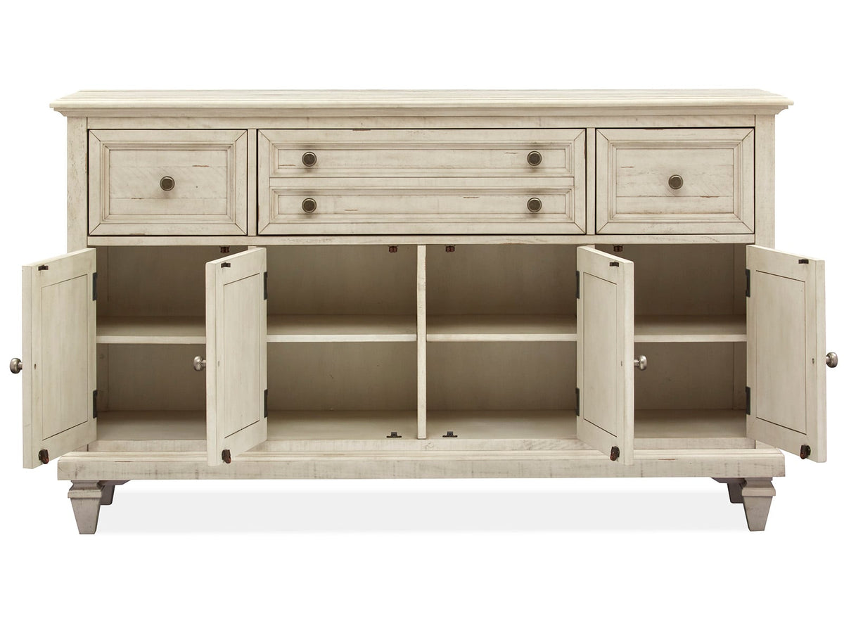 Magnussen Home Newport Alabaster Extendable Rectangular Dining Table With 2 Arm Chairs Upholstered Bench And Buffet