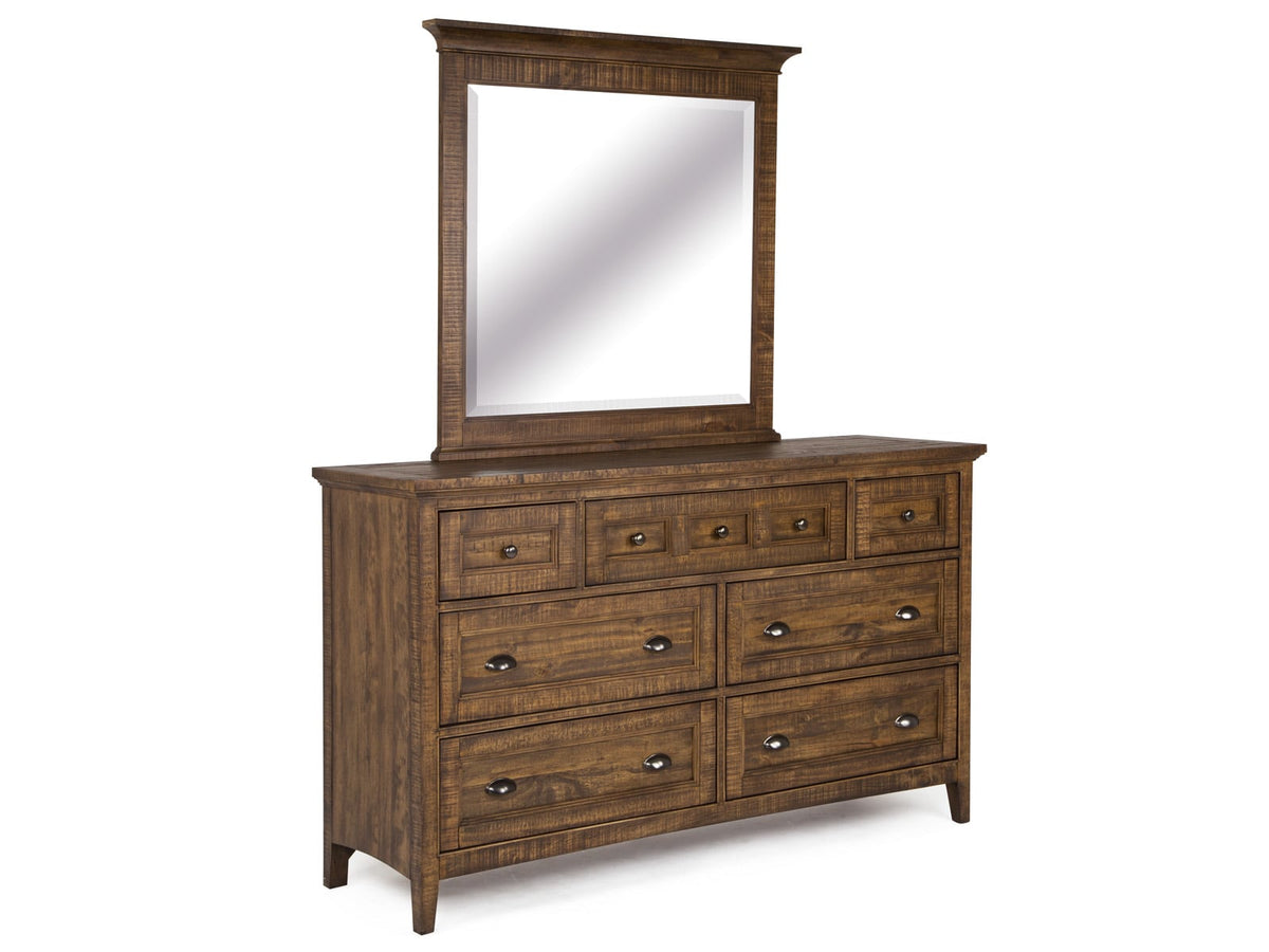 Magnussen Home Bay Creek Toasted Nutmeg King Panel Storage Bed 2 Small Nightstands Drawer Dresser With Landscape Mirror And Door Chest