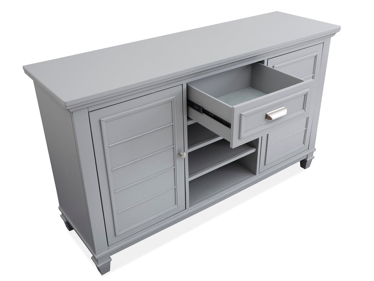Magnussen Home Charleston Harbor Gray Grey Extendable Rectangular Dining Table With 4 Side Chairs Bench And Server