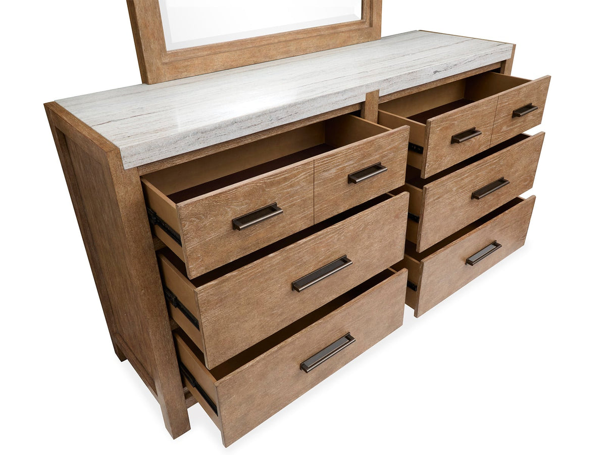 Magnussen Home Plum Creek Sierra Brown Queen Panel Bed 2 Nightstands And Drawer Dresser With Landscape Mirror