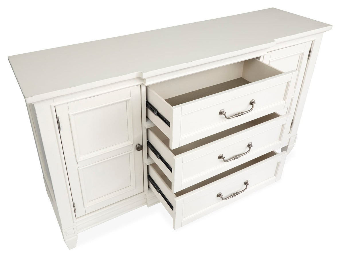 Magnussen Home Willowbrook Egg Shell White Extendable Rectangular Dining Table With 6 Side Chairs 2 Upholstered Side Chairs Buffet And Display Cabinet
