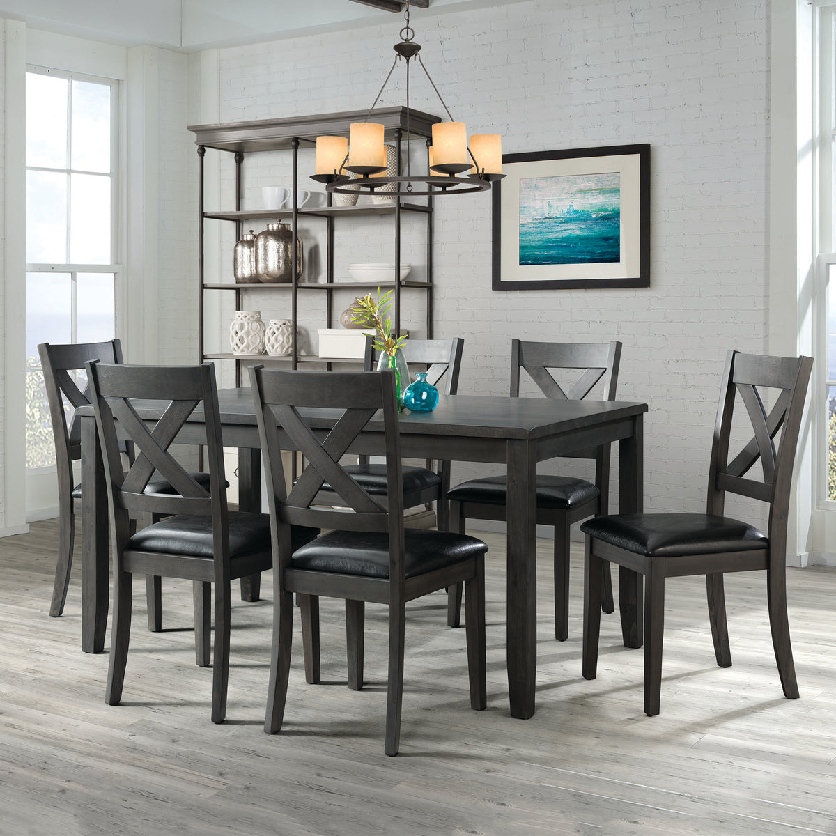 Alex Grey 60"" 7 PC Dining Set (Grey Table with Black PU Seat)