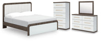 Kendanport King Upholstered Bed, Dresser, Mirror and Chest