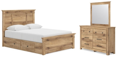 Makidern Queen Panel Bed with Storage, Dresser and Mirror