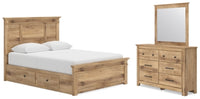 Makidern Queen Panel Bed with Storage, Dresser and Mirror