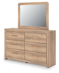 Kinlanni Queen Upholstered Panel Bed, Dresser and Mirror