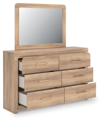 Kinlanni Queen Upholstered Panel Bed, Dresser and Mirror