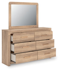 Kinlanni Queen Upholstered Panel Bed, Dresser and Mirror