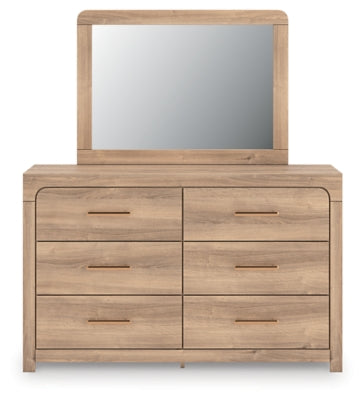 Kinlanni Queen Upholstered Panel Bed, Dresser and Mirror