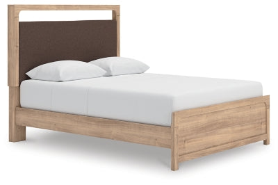 Kinlanni Queen Upholstered Panel Bed, Dresser and Mirror