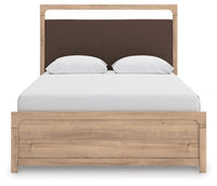 Kinlanni Queen Upholstered Panel Bed, Dresser and Mirror