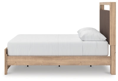 Kinlanni Queen Upholstered Panel Bed, Dresser and Mirror