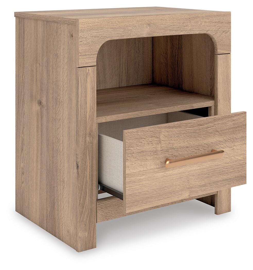 Kinlanni King Upholstered Panel Bed, Dresser, Mirror and Nightstand
