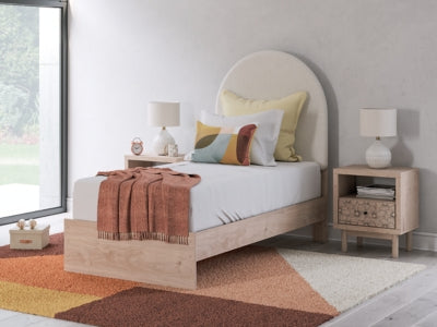 Arloster Twin Upholstered Panel Bed, Dresser and Mirror