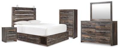 Drystan Queen Panel Storage Bed, Dresser, Mirror, Chest and Nightstand