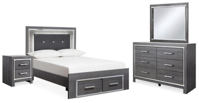 Lodanna Full Upholstered Panel Storage Bed, Dresser, Mirror, and Nightstand