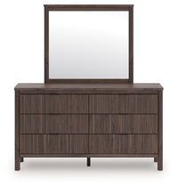 Pamytta Queen Upholstered Panel Bed, Dresser and Mirror