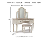 Realyn Queen Upholstery Panel Bed, Dresser, Chest, Nightstand, and Vanity Set